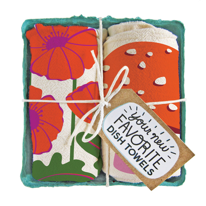 Field Day dish towel set, folded in a green berry basket tied with a gift tag