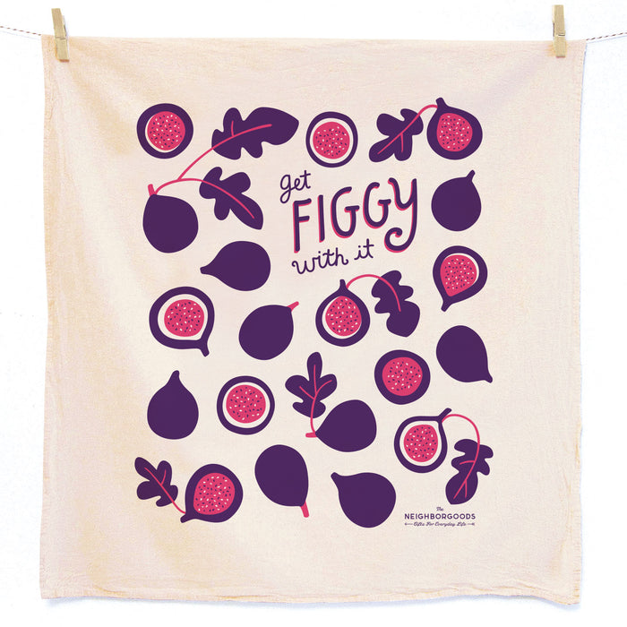 Cotton dish towel with figs design, featuring the phrase "Get figgy with it"