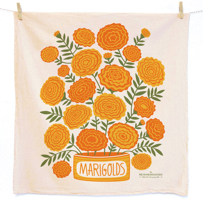 Cotton dish towel with marigolds design