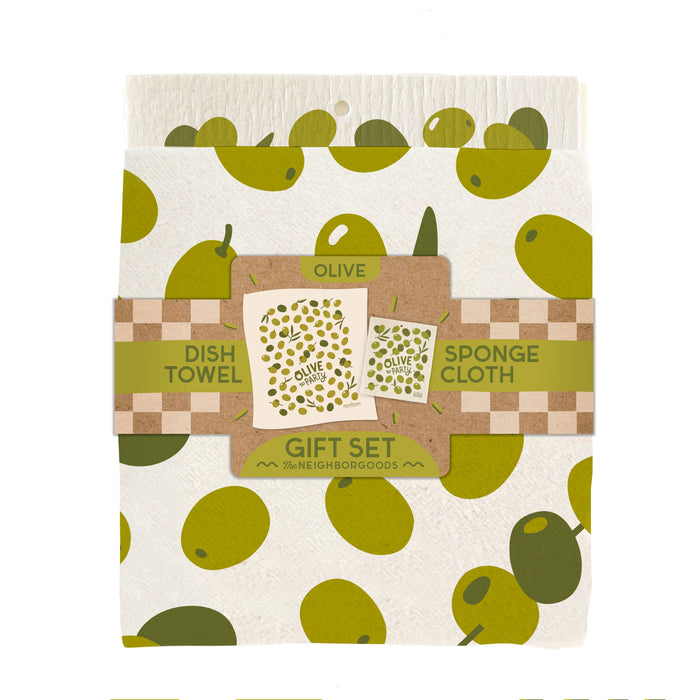 Olive Dish Towel + Sponge Cloth Gift Set