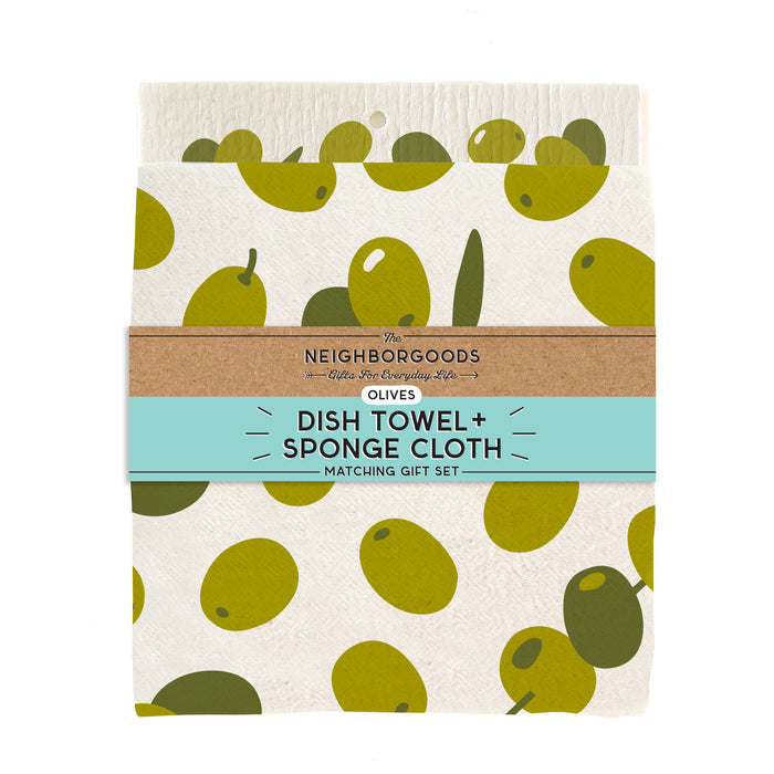 Olive Dish Towel + Sponge Cloth Gift Set