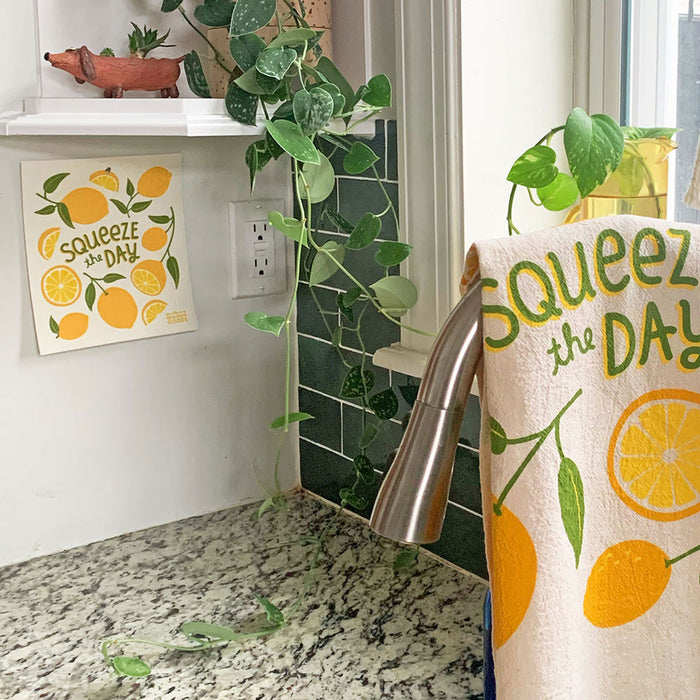 A lemon sponge cloth and matching dish towel on display in the kitchen.