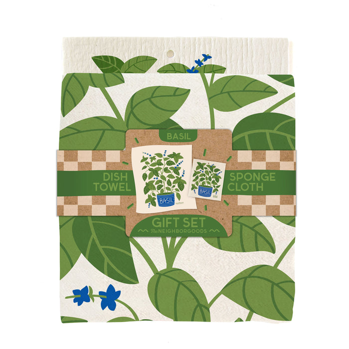 Basil Dish Towel + Sponge Cloth Gift Set