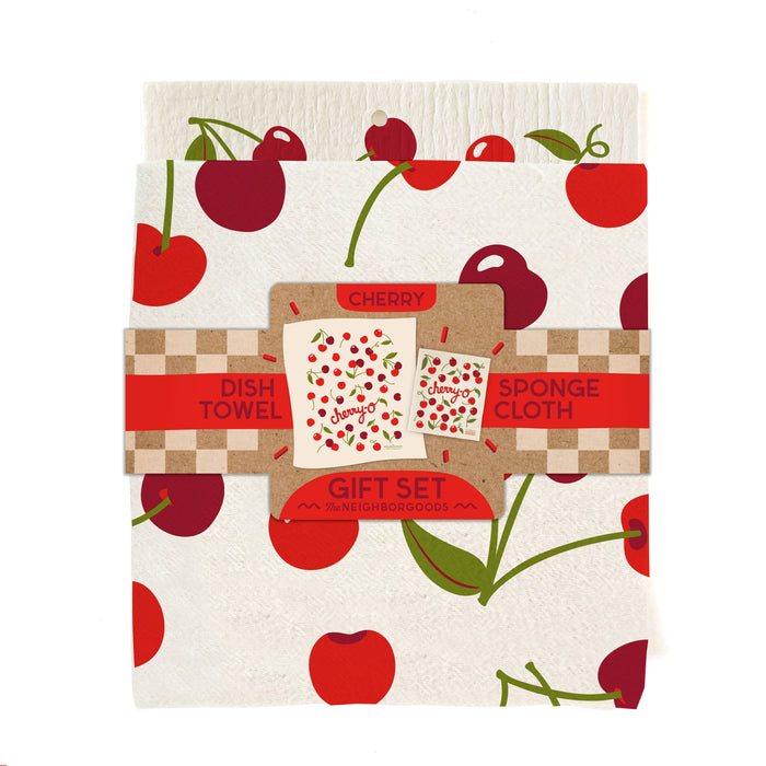 Cherry Dish Towel + Sponge Cloth Gift Set
