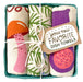 Forager dish towel set, folded in a green berry basket tied with a gift tag