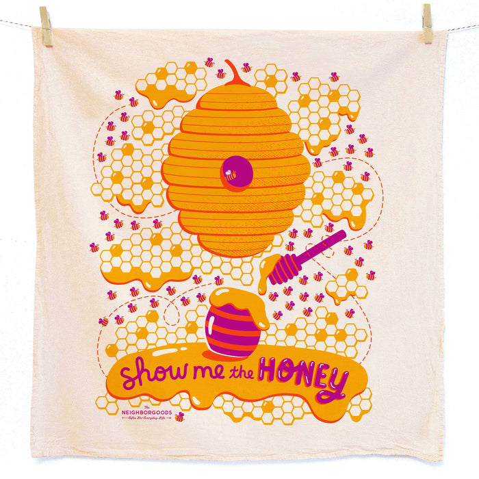 Cotton dish towel with honey design, featuring the phrase "Show me the honey"