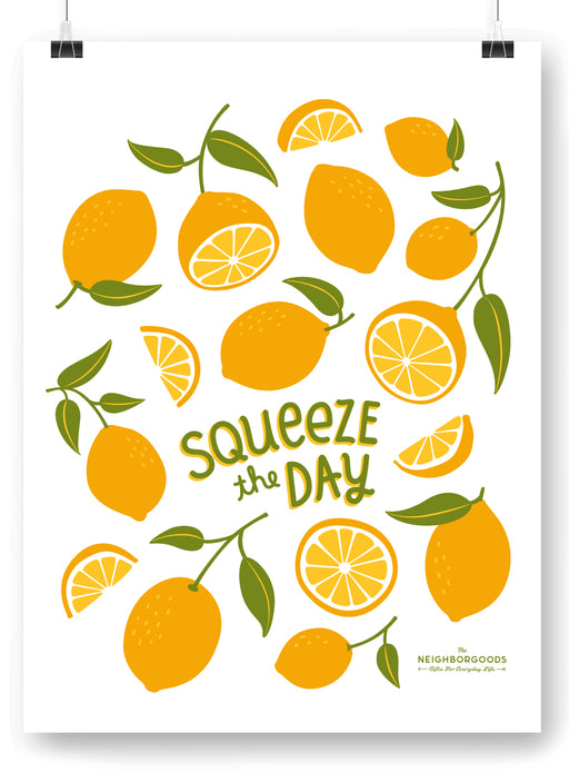 Lemons design print, feasturiong the phrase "Squeeze the Day," with the Neighborgoods logo at the bottom