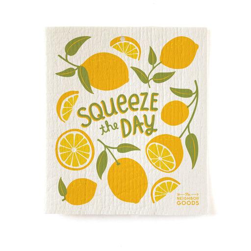 Reusable Swedish sponge cloth with lemon design, featuring the phrase "Squeeze the day"