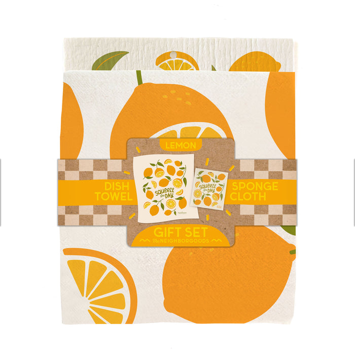 Lemon Dish Towel + Sponge Cloth Gift Set