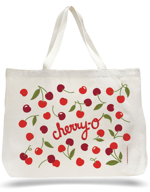 Large canvas tote bag with cherries design, featuring the phrase "Cherry-o"
