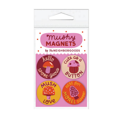 Mush Love set of 4 magnets with mushroom designs, featuring the phrases "Hello spore-geous," "Cute as a button," "Mush love," and "Here for morel support"