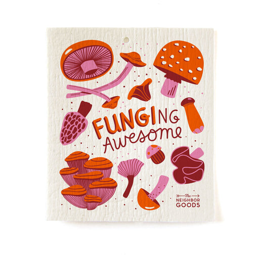 Reusable Swedish sponge cloth with mushroom desig, featuring the phrase "Funging awesome"