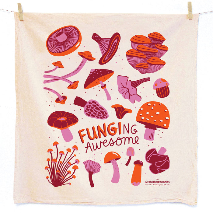 Cotton dish towel with mushroom design. featuring the phrase "Funging awesome"