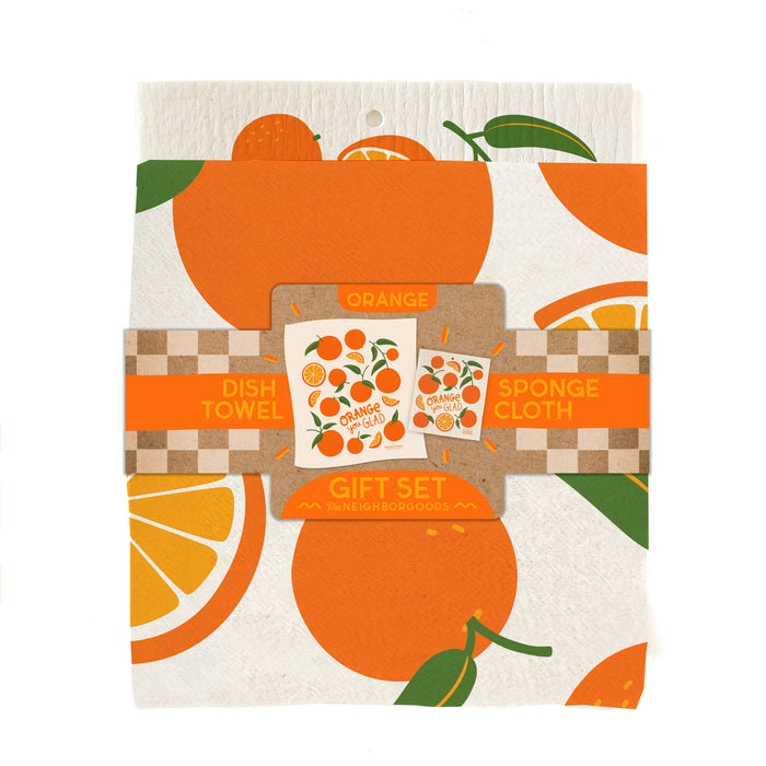Orange Dish Towel + Sponge Cloth Gift Set
