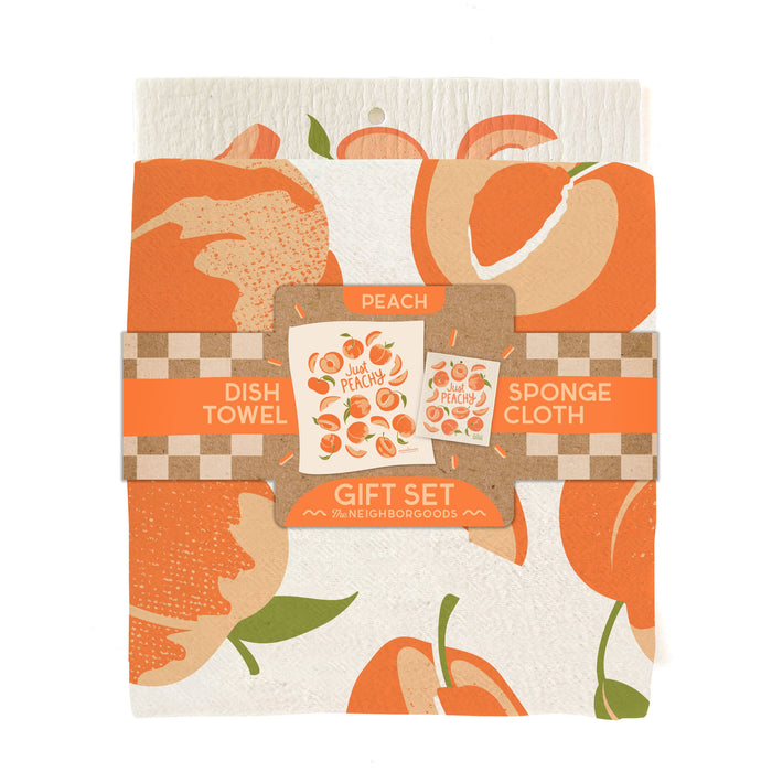 Peach Dish Towel + Sponge Cloth Gift Set