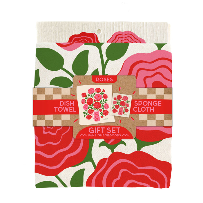 Roses Dish Towel + Sponge Cloth Gift Set
