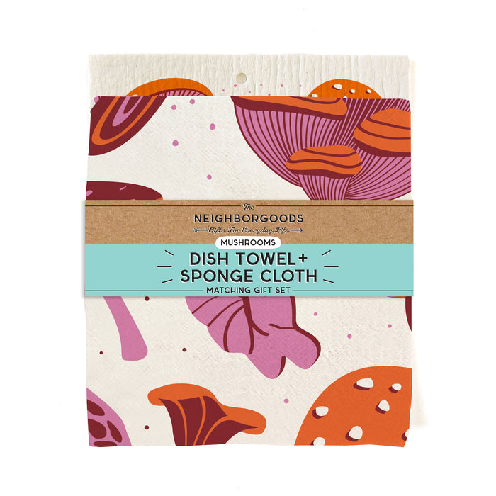 Matching dish towel and sponge cloth set with mushrooms design, featuring the phrase "Funging Awesome" 