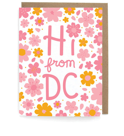 White cards with cherry blossom design, featuring the phrase "Hi from DC," with a brown envelope