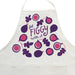 Close-up on white apron with figs design, featuring the phrase "Get figgy with it" 