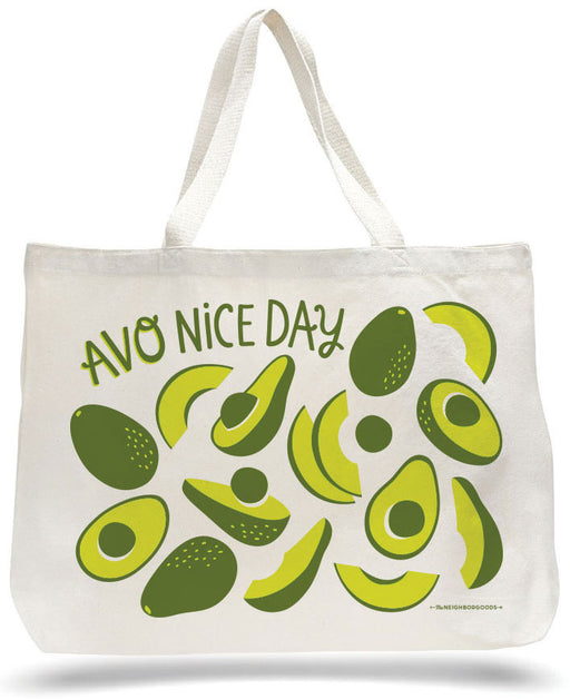 Large canvas tote bag with avocado design, featuring the phrase "Avo nice day"