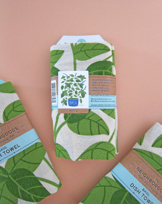 The back of a Basil dish towel packaged in a belly band.