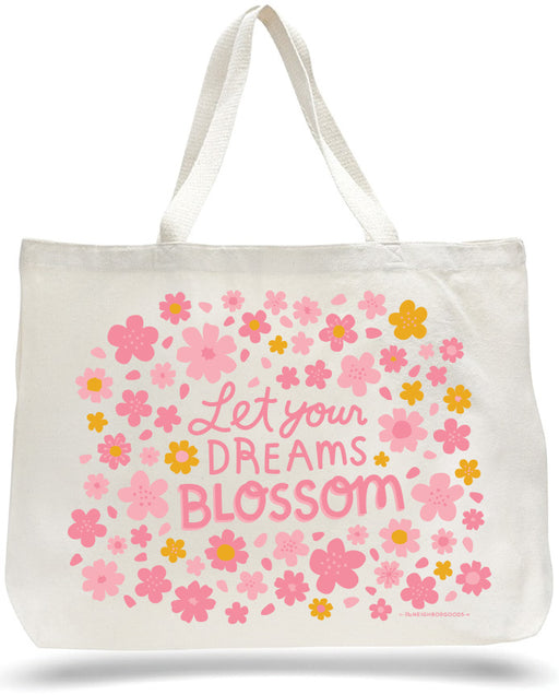 Large canvas tote bag with blossoms design, featuring the phrase "Let your dreams blossom"