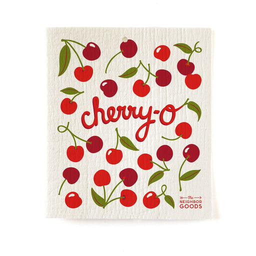 Reusable Swedish sponge cloth with cherry design, featuring the phrase "Cherry-o"