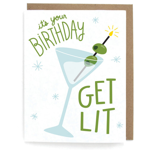 White card that pictures an extra dirty martini with blue sparkles, featuring the phrase "It's your birthday get lit," with a brown envelope