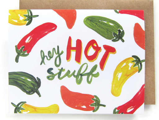 White card with watercolor pepper design, featuring the phrase "Hey hot stuff," with a brown envelope