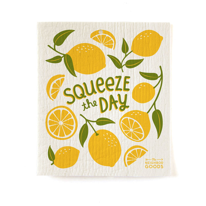 Reusable Swedish sponge cloth with lemon design, featuring the phrase "Squeeze the day"