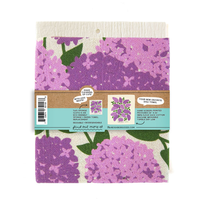 Back of matching dish towel and sponge cloth set with lilacs design