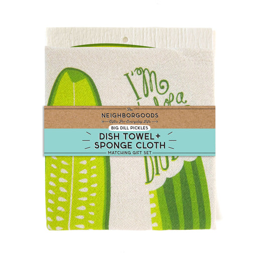 Matching dish towel and sponge cloth set with pickles design, featuring the phrase "I'm kind of a big dill"