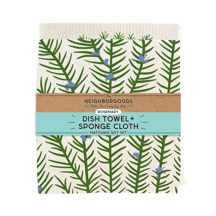 Matching dish towel and sponge cloth set with rosemary design