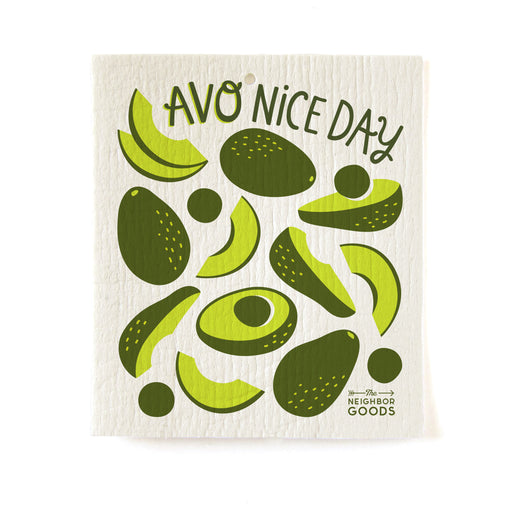 Reusable Swedish sponge cloth with avocado design, featuring the phrase "Avo nice day"