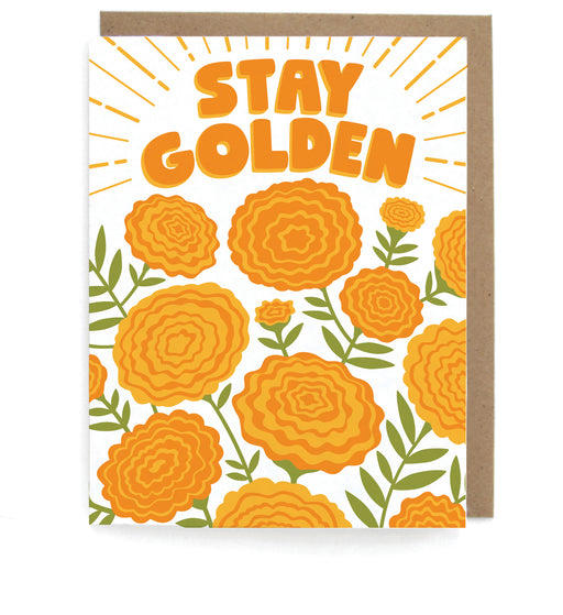 White card with marigolds design, featuring the phrase "Stay golden," with a brown envelope