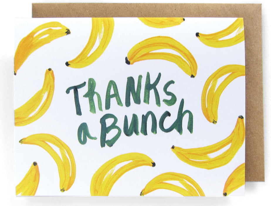 White card with a watercolor banana design, featuring the phrase "Thanks a bunch!" with a brown envelope